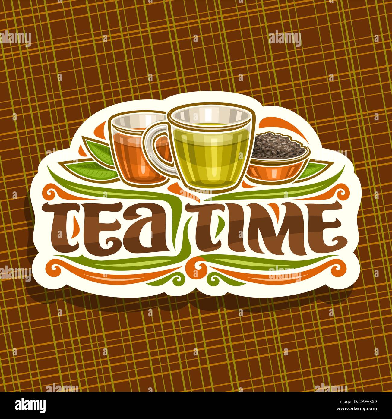 Vector logo for Tea Time, vintage cut paper sign with illustration of 2 glass cups with yellow and brown liquid, metal bowl with loose tea, decorative Stock Vector