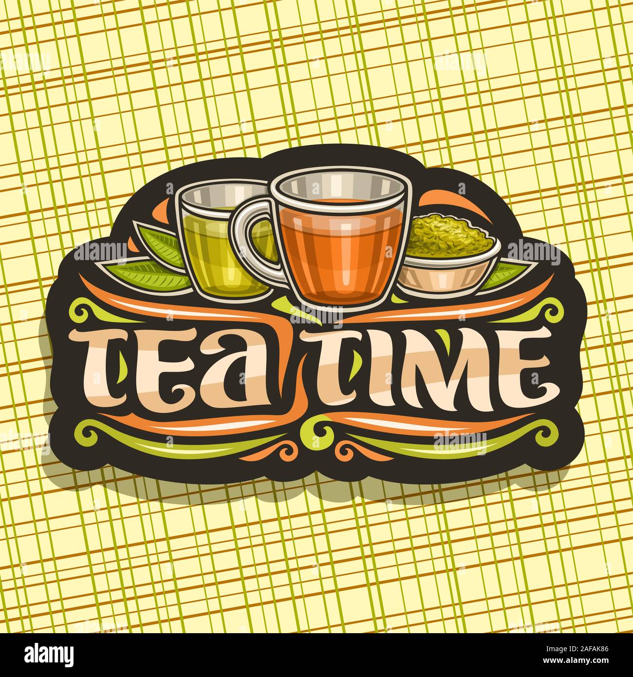 Vector logo for Tea Time, dark vintage sign with illustration of 2 glass cups with yellow and brown liquid, metal bowl with loose tea, decorative type Stock Vector