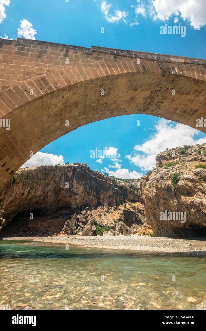 Panoramic view of the Severan Bridge, Cendere Koprusu is a late Roman bridge, close to Nemrut Dagi, Turkey. Roadway flanked by ancient columns Stock Photo
