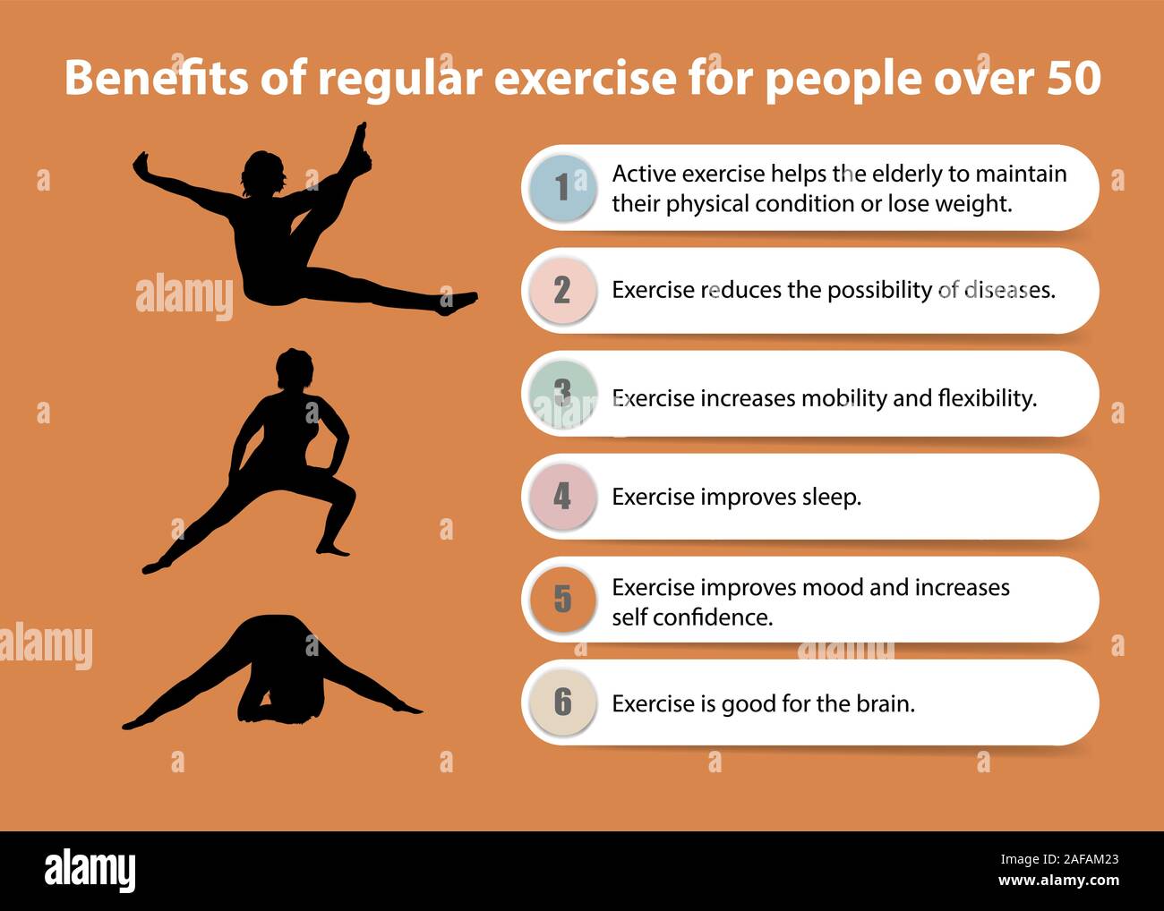 Benefits of regular exercise for people over 50 presentation. Silhouette of  woman fitness exercising Stock Vector Image & Art - Alamy
