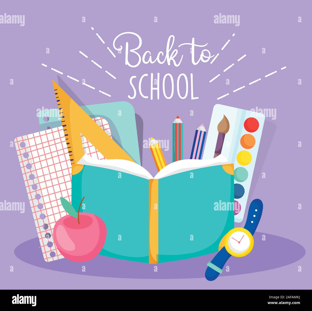 back to school book pencil clock apple sheets education vector ...