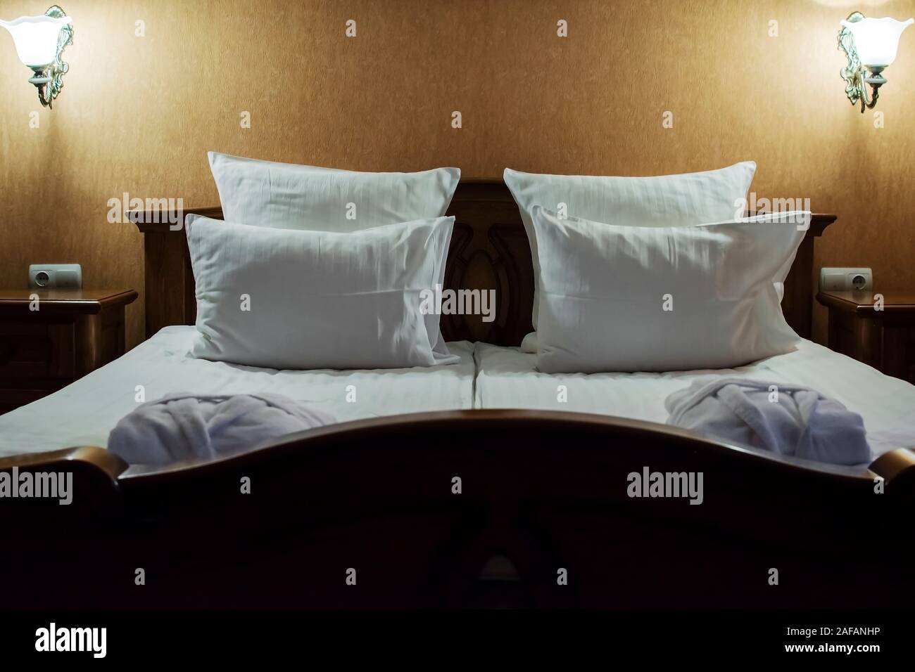 White Comfortable Pillow On Bed Decoration Interior Of Hotel