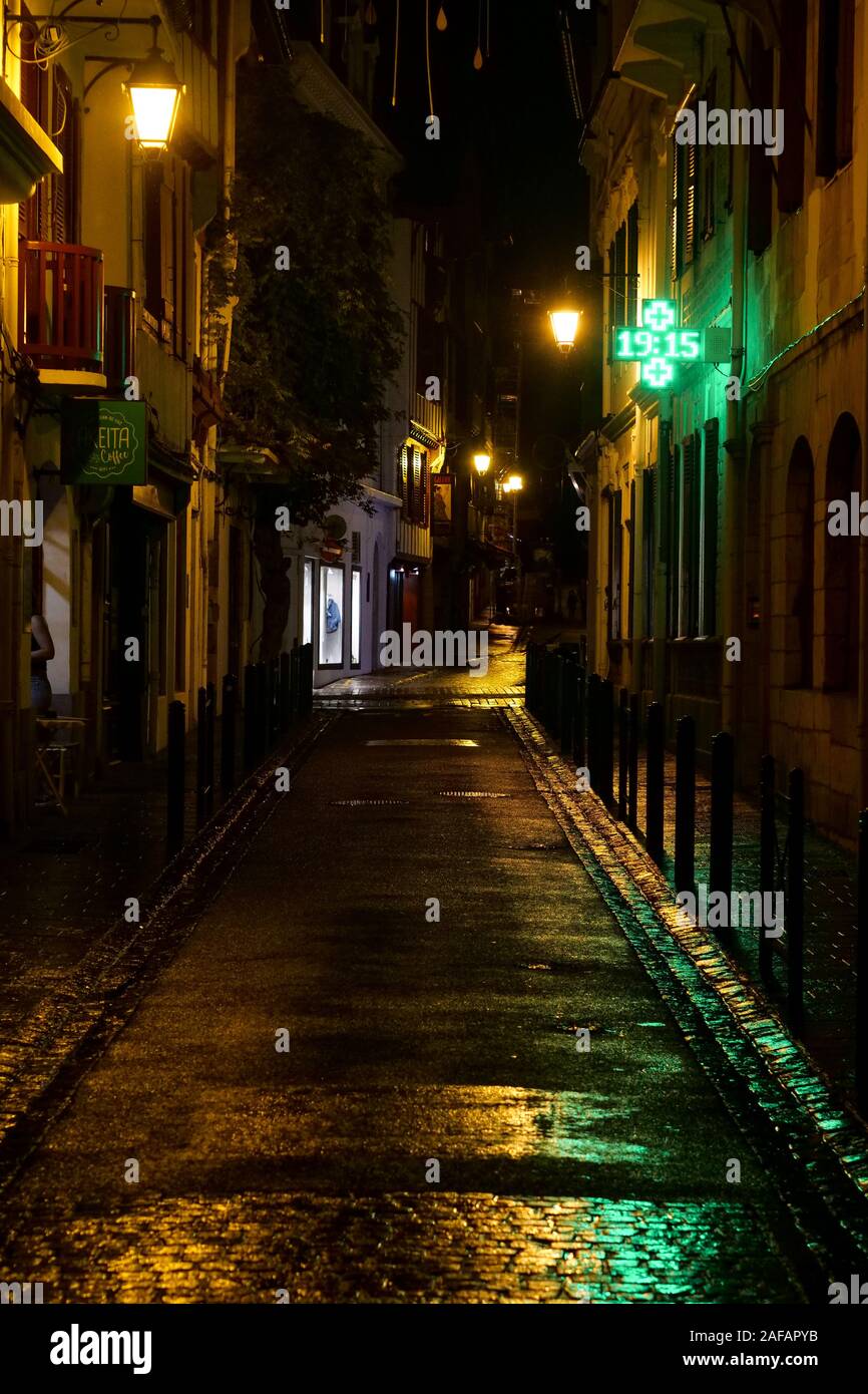 Night view in the streets of Saint-Jean de Luz, Pyrénées-Atlantiques, France Stock Photo