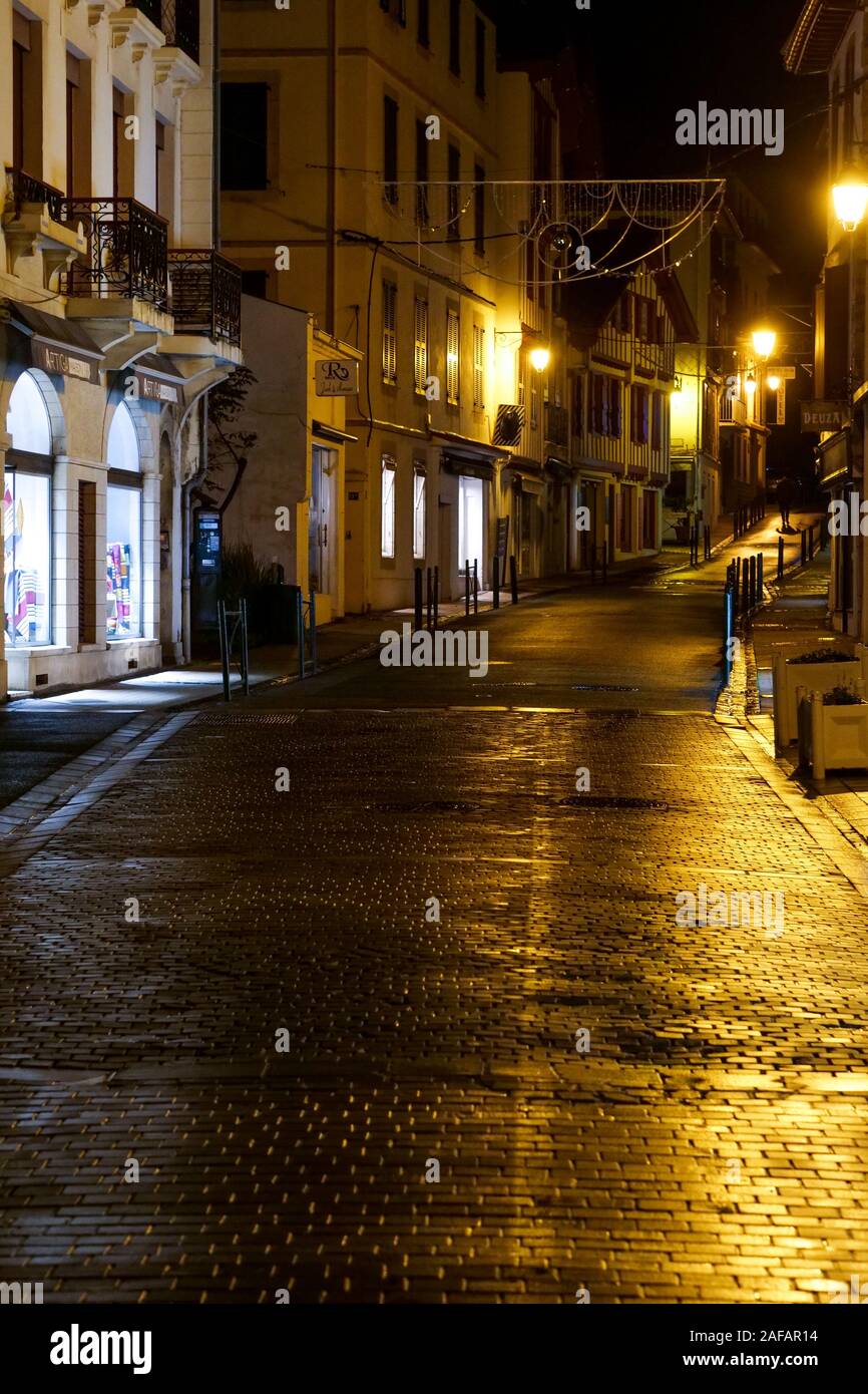 Night view in the streets of Saint-Jean de Luz, Pyrénées-Atlantiques, France Stock Photo