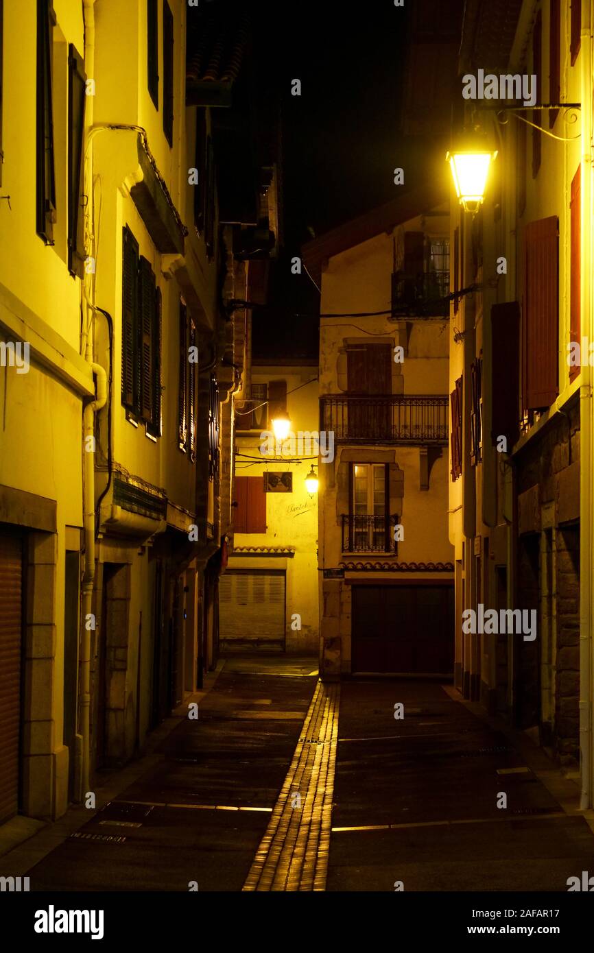 Night view in the streets of Saint-Jean de Luz, Pyrénées-Atlantiques, France Stock Photo