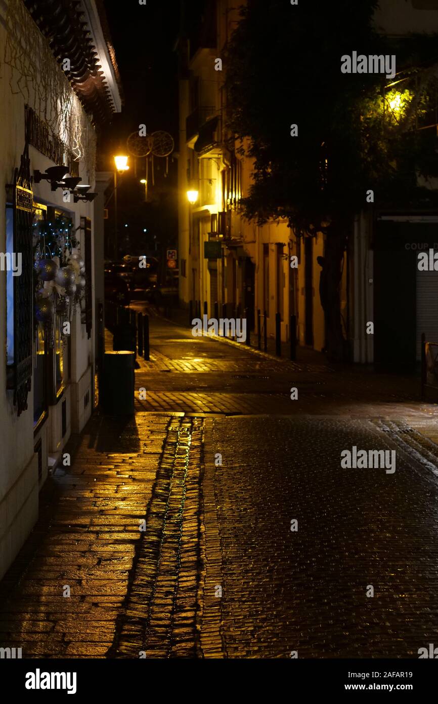 Night view in the streets of Saint-Jean de Luz, Pyrénées-Atlantiques, France Stock Photo