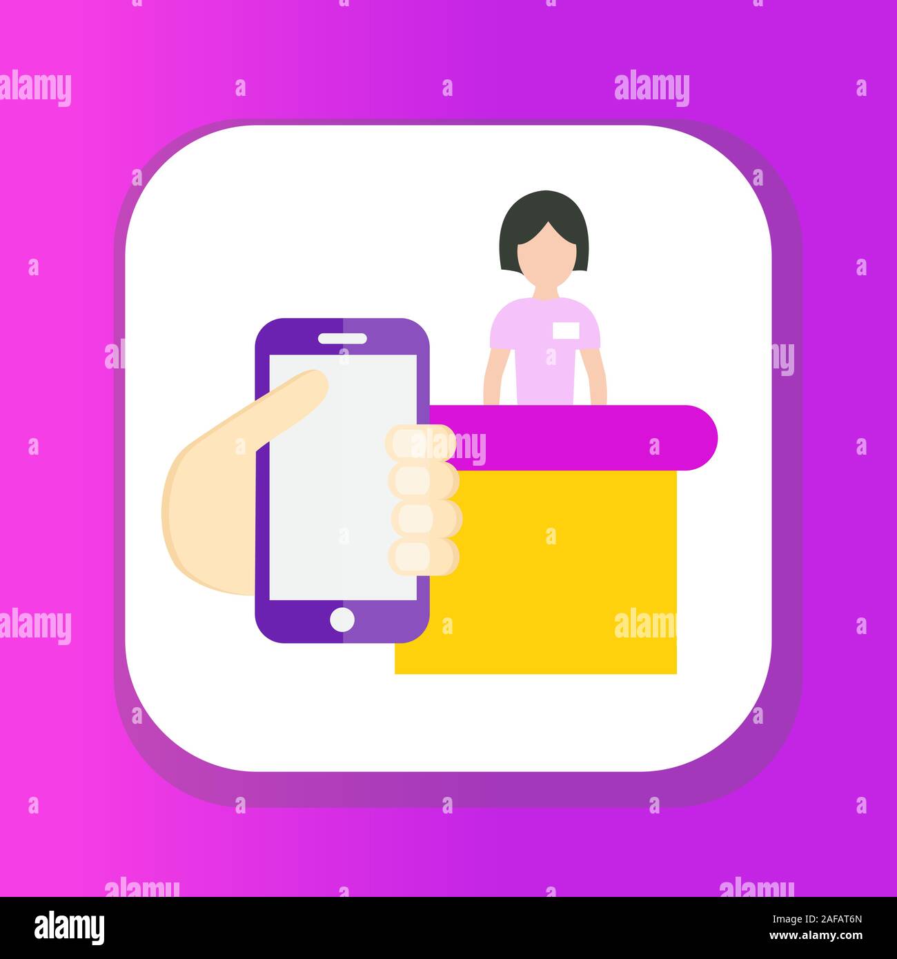 Seller cash desk payment by phone icon flat style. Violet neon electronic shopping concept. Vector illustration Stock Vector