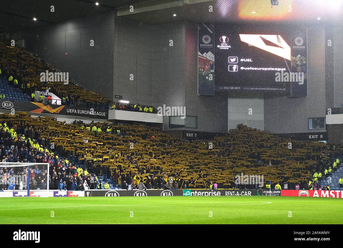 GLASGOW, SCOTLAND - DECEMBER 12:  The Young Boys fans before the UEFA Europa League group G match between Rangers FC and BSC Young Boys at Ibrox Stadium on December 12, 2019 in Glasgow, United Kingdom. (Photo by MB Media) Stock Photo