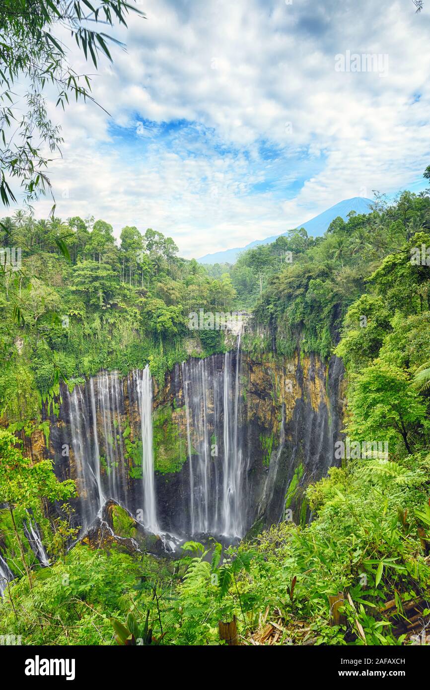 (High Dynamic Range image) Stunning aerial view of the Tumpak Sewu Waterfalls also known as Coban Sewu with clouds raising from the canyon. Stock Photo
