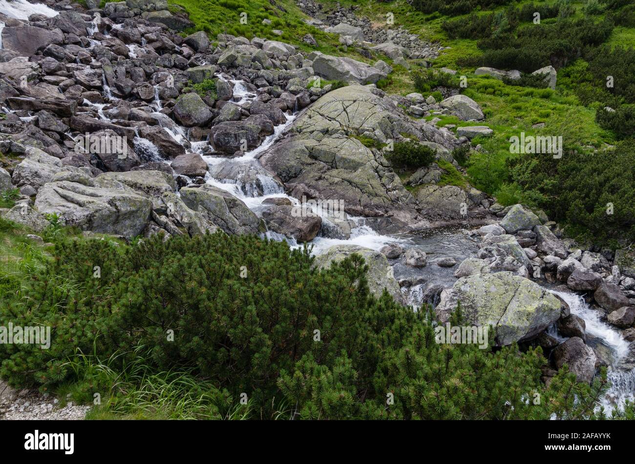 Mountain waterfall Siklawa in Polish Tatra Mountains. Tatra National Park Stock Photo