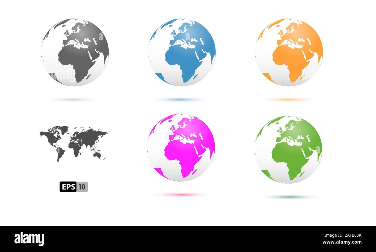 3D Vector Globes with World Maps and continent europe version. colorful globes. Stock Vector