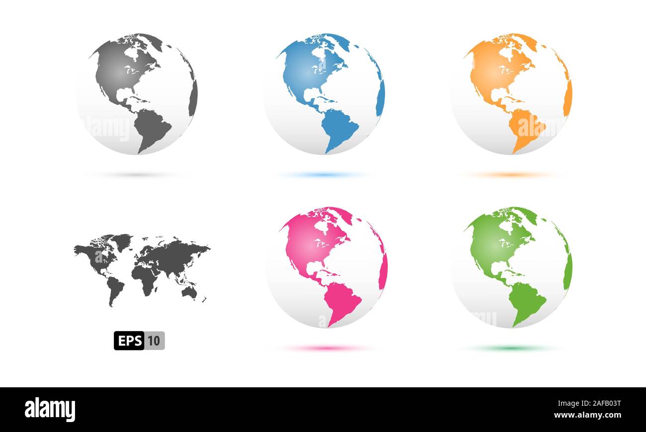 3D Vector Globes with World Maps and continent USA version. colorful globes. World map silhouette United States globe. Stock Vector