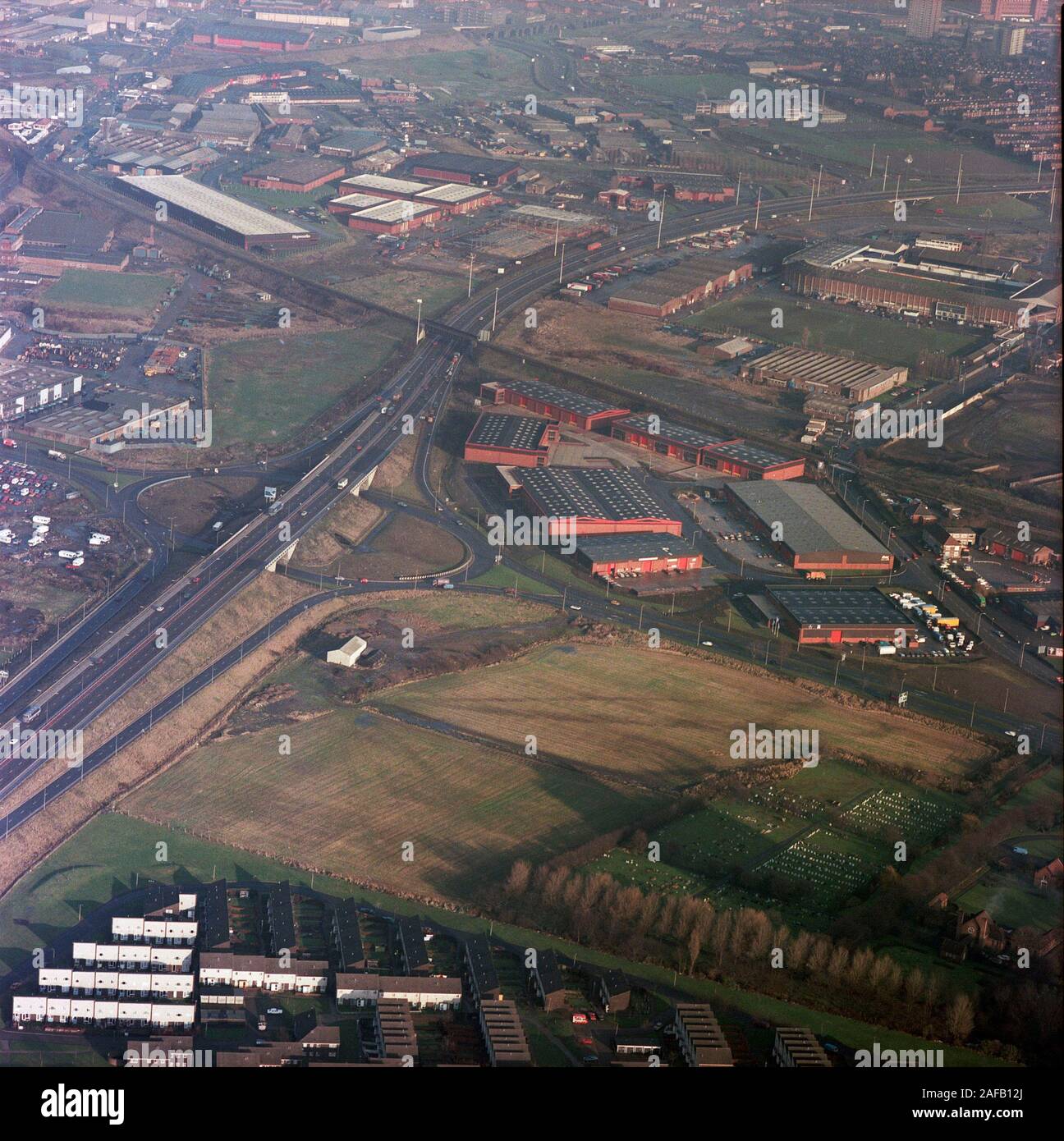 1982 Aerial views of Leeds, Elland Road Stadium visible top right, West Yorkshire, Northern England, UK Stock Photo