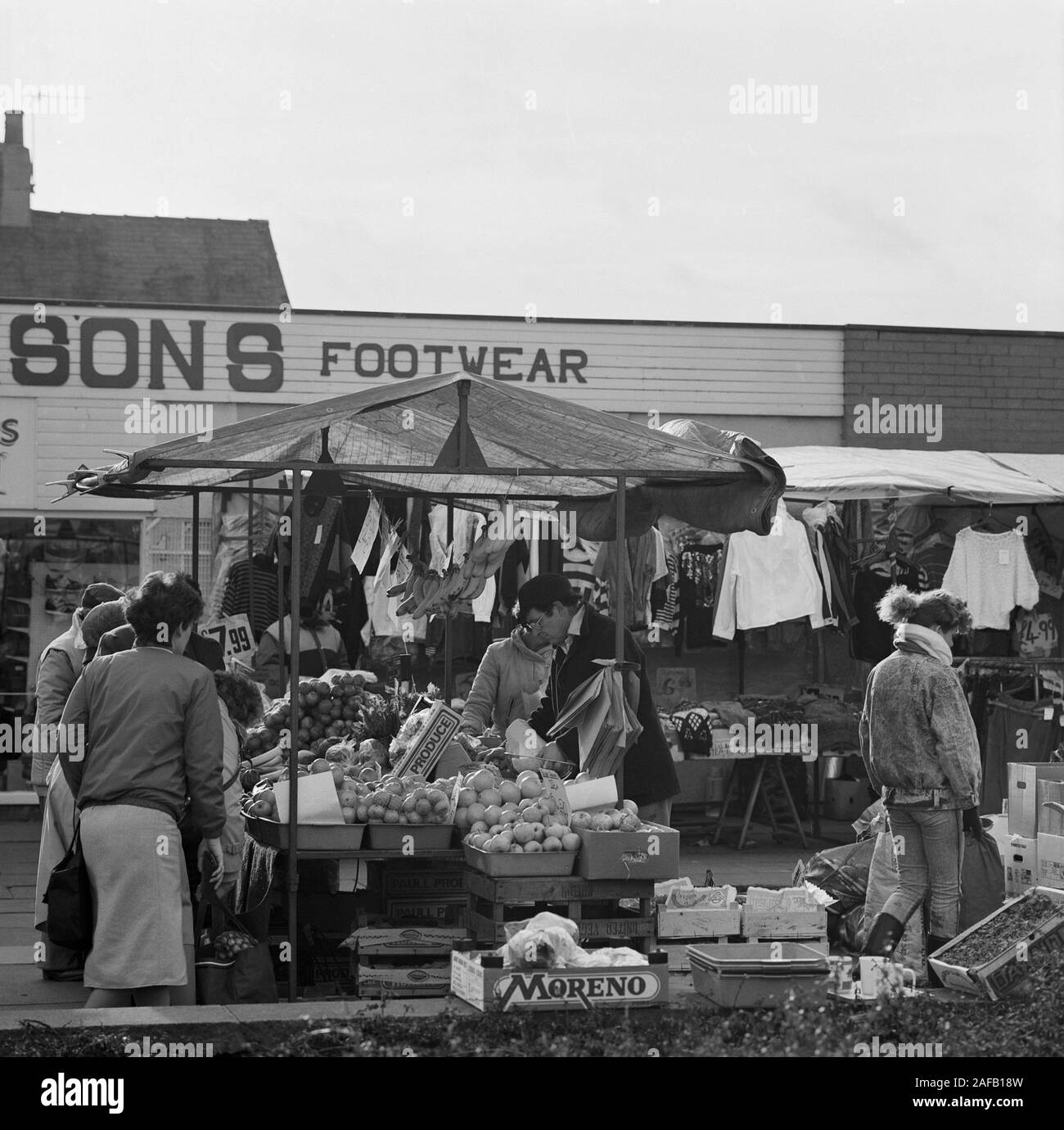 1987, market day at the mining town of Featherstone, in West Yorkshire, northern England, UK