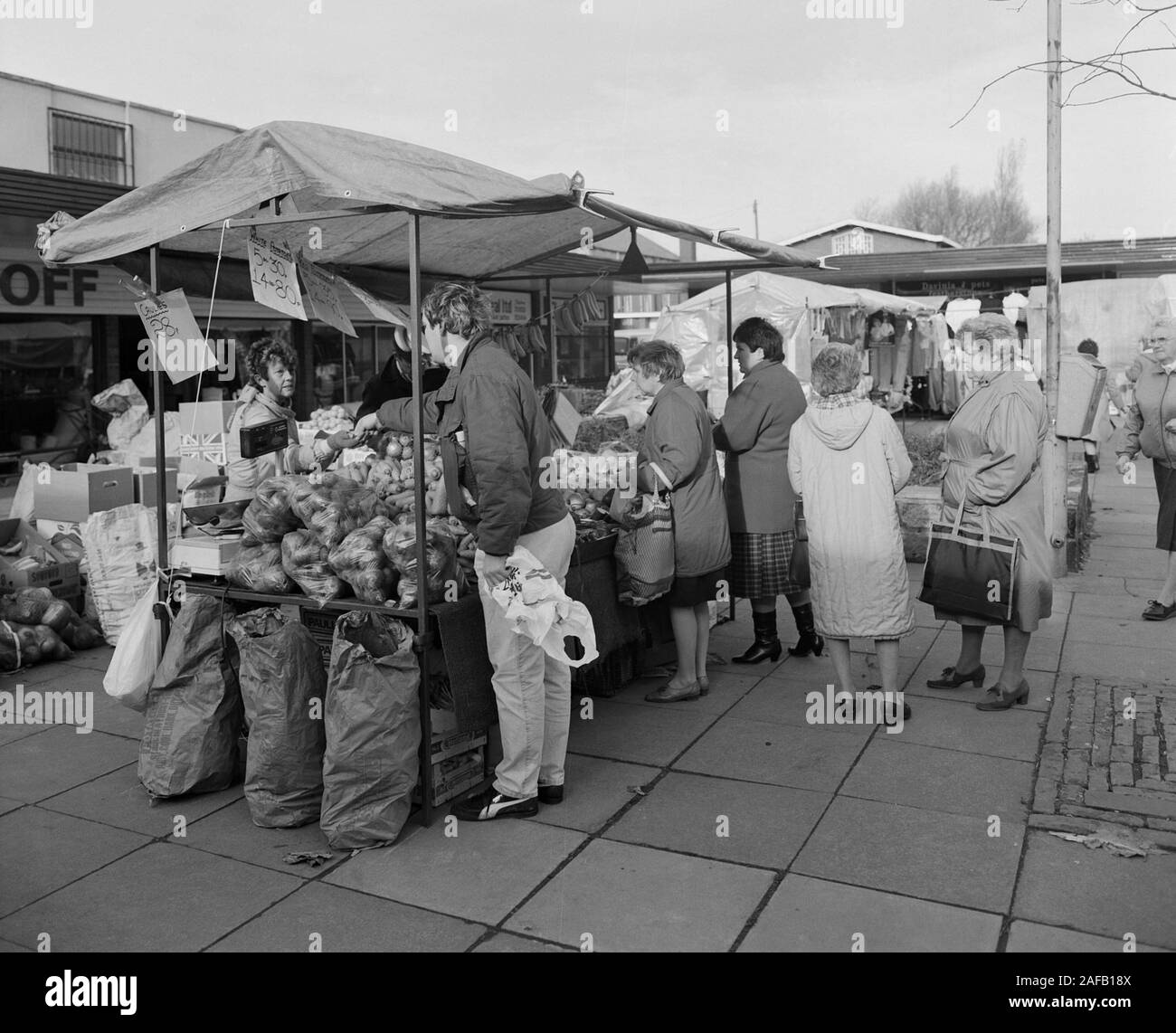 1987, market day at the mining town of Featherstone, in West Yorkshire, northern England, UK