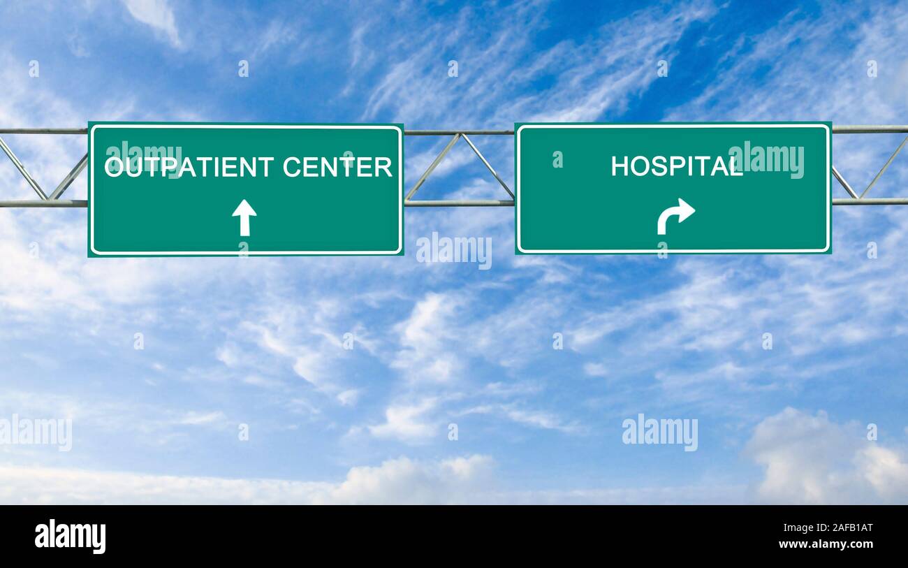 road signs to outpatient center and hospital Stock Photo