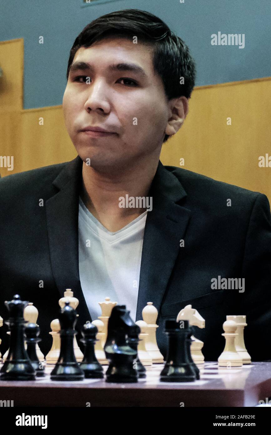 Jerusalem, Israel. 14th December, 2019. WESLEY SO (L), 27, of the USA,  competes with IAN NEPOMNIACHTCHI (R), 29, of Russia, in Round 2, Game 1, of  the final leg of the World