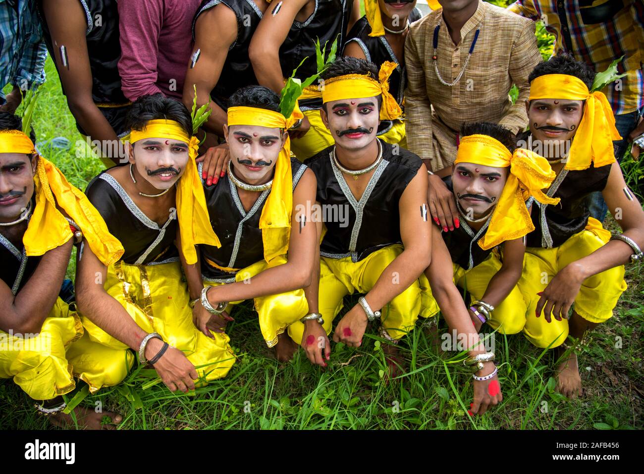 AMRAVATI, MAHARASHTRA, INDIA - AUGUST 9 : Group of Gondi tribes celebrating world tribal day by performing folk Dance in Amravati, Maharashtra, India Stock Photo