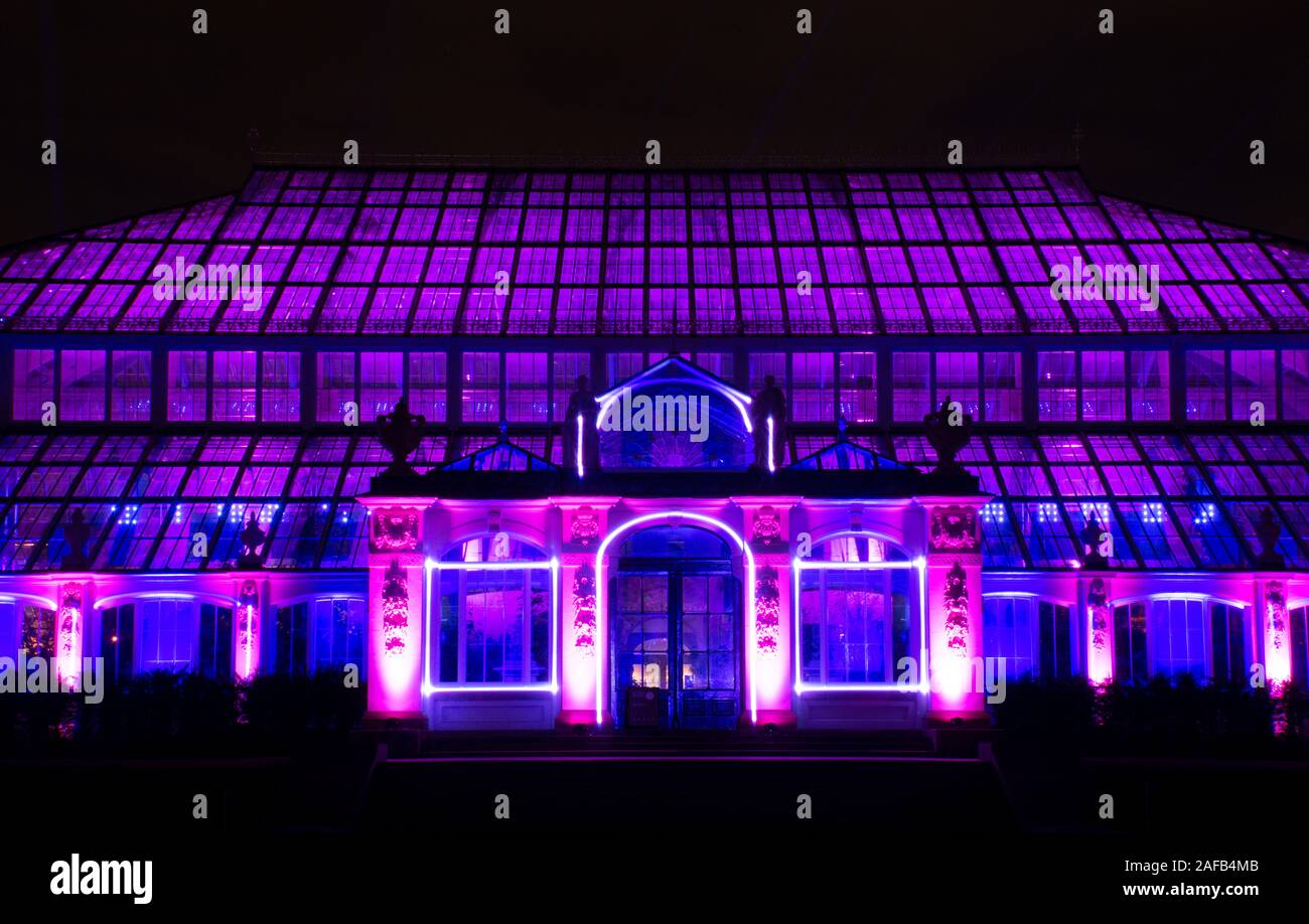 The Temperate House during the 2019 Christmas light display at Kew