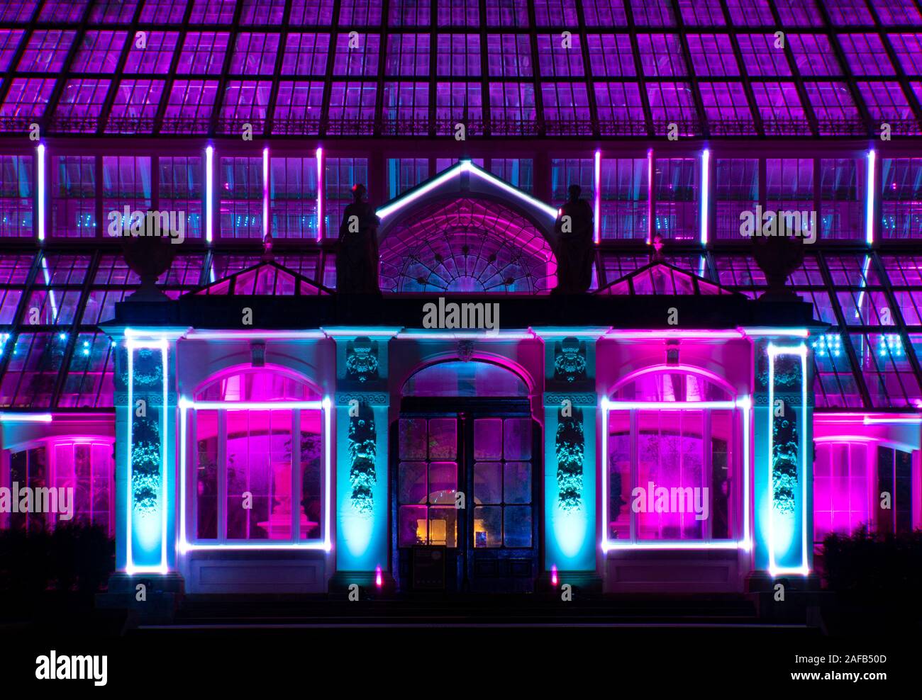 The Temperate House lit up with colourful lights during the 2019