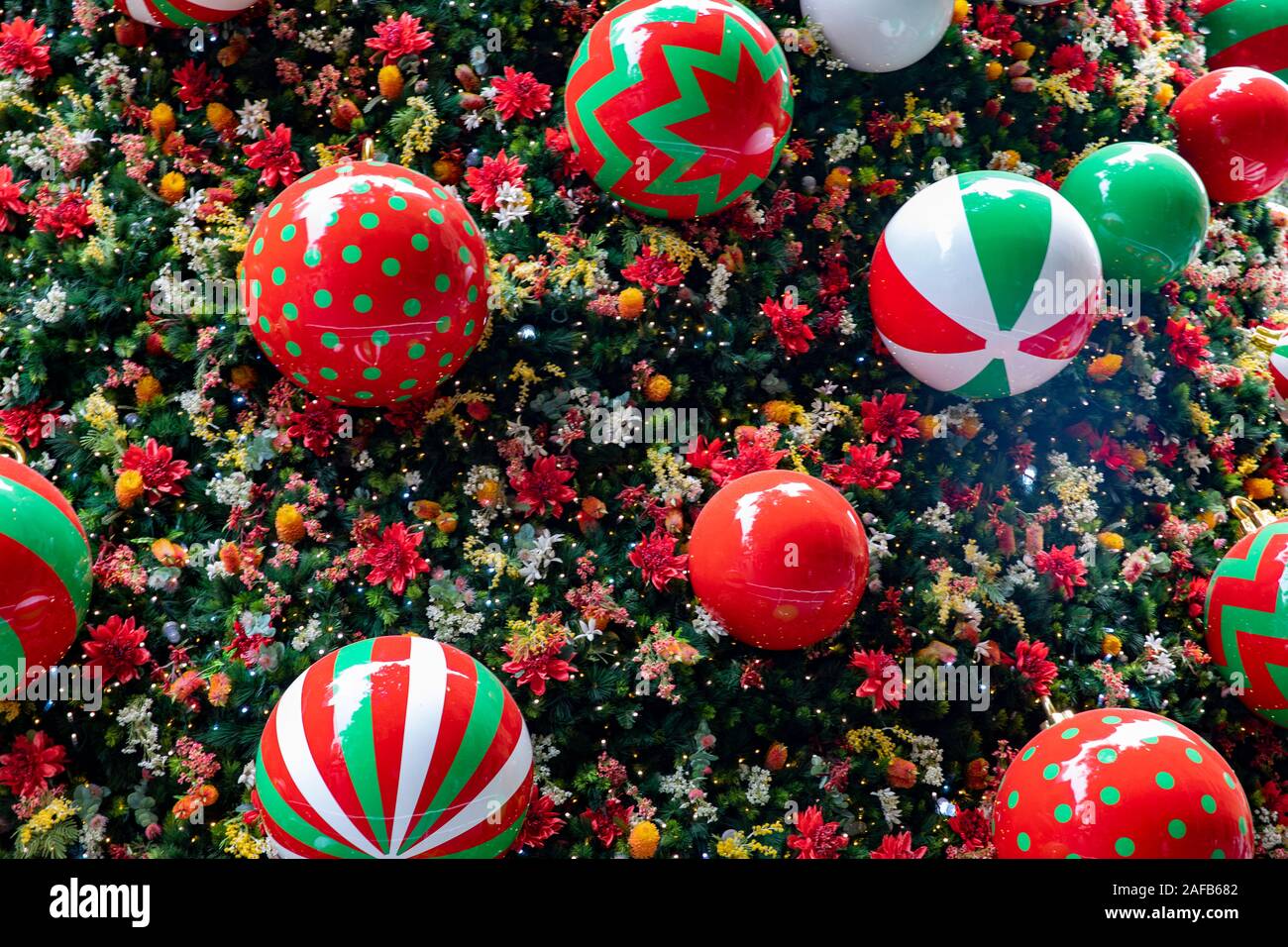 Christmas decorations and baubles close up on giant christmas tree in Martin Place Sydney Australia Stock Photo