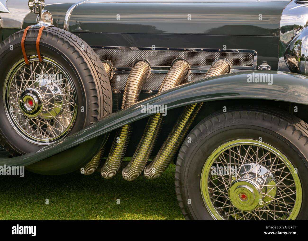 PLYMOUTH, MI/USA - JULY 28, 2019: Closeup of a 1932 Duesenberg J exhaust on display at the Concours d'Elegance of America car show at The Inn at St. J Stock Photo