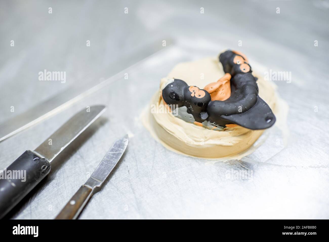 Jaw imprint on the gypsum form drying on the table in laboratory, close-up with dental working tools Stock Photo