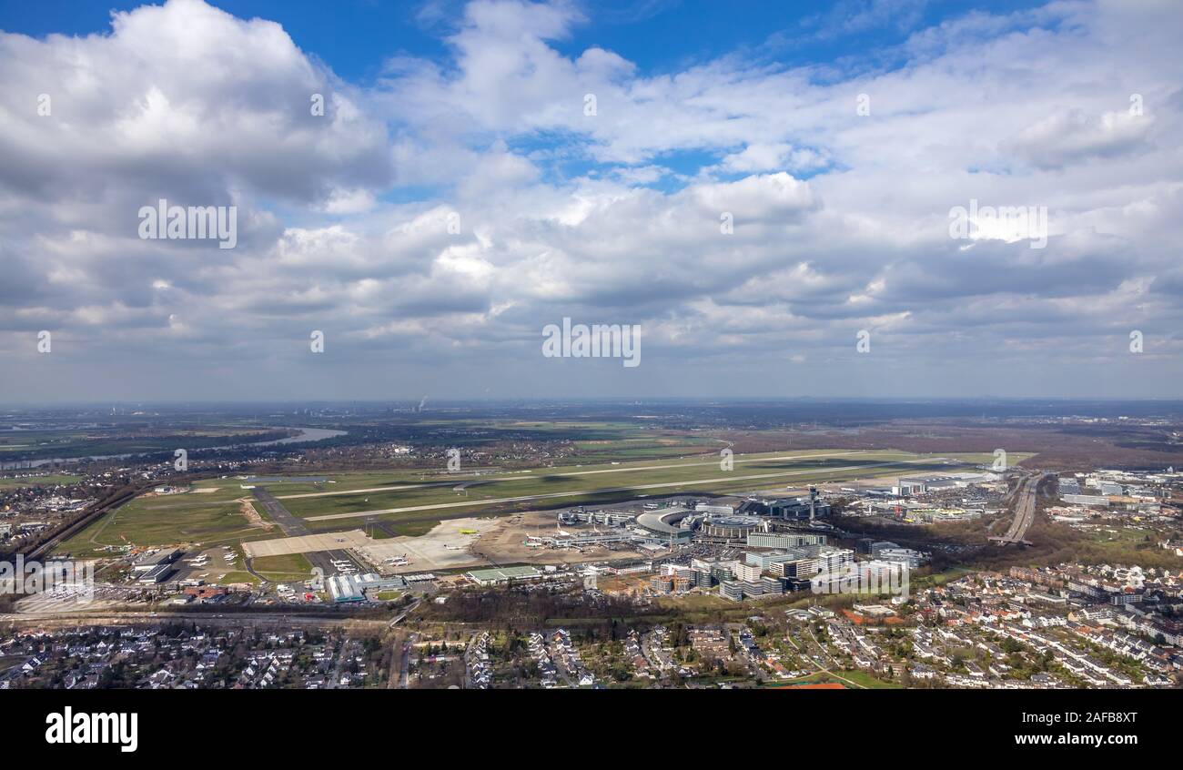 Aerial photo, Airport Düsseldorf, DUS, Airport Düsseldorf, Airport-City, Düsseldorf Airport City Business Park, Runway, Airport grounds, Düsseldorf, R Stock Photo