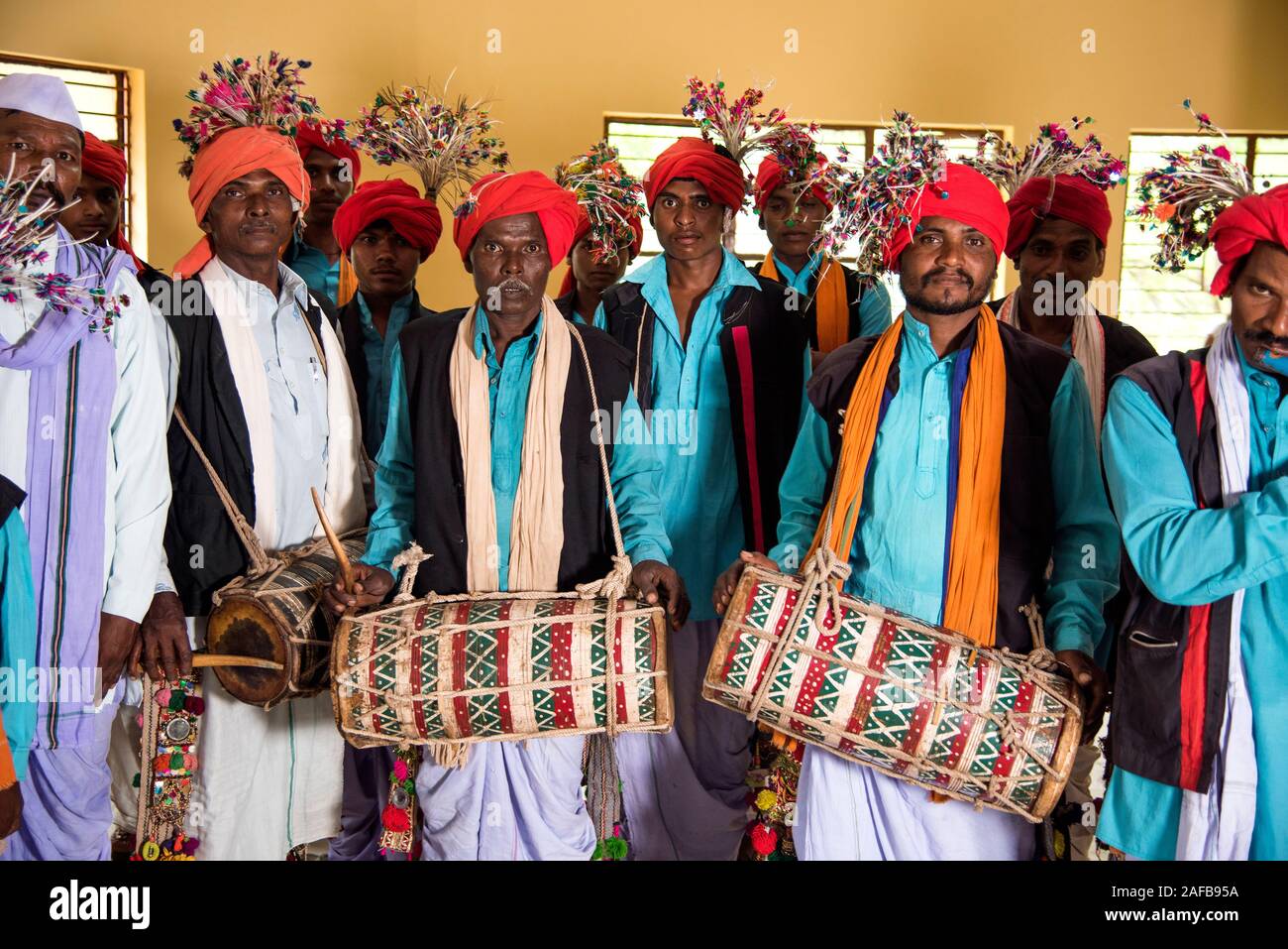 AMRAVATI, MAHARASHTRA, INDIA - AUGUST 9: Unidentified group of Korku tribe celebrating world tribal day by performing a dance on traditional music, Ko Stock Photo