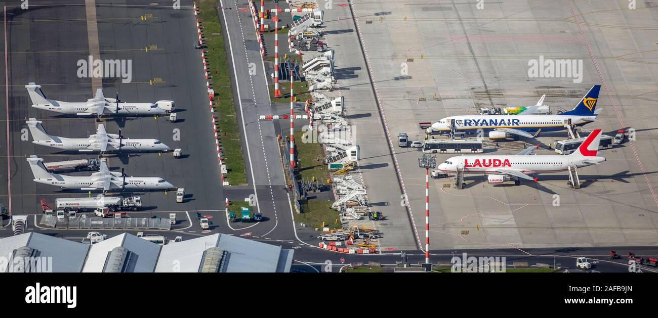 aerial photo, far parking position, Lauda Air and RyanAir, parking position, apron, airport Düsseldorf, DUS, airport Düsseldorf, runway, airport groun Stock Photo
