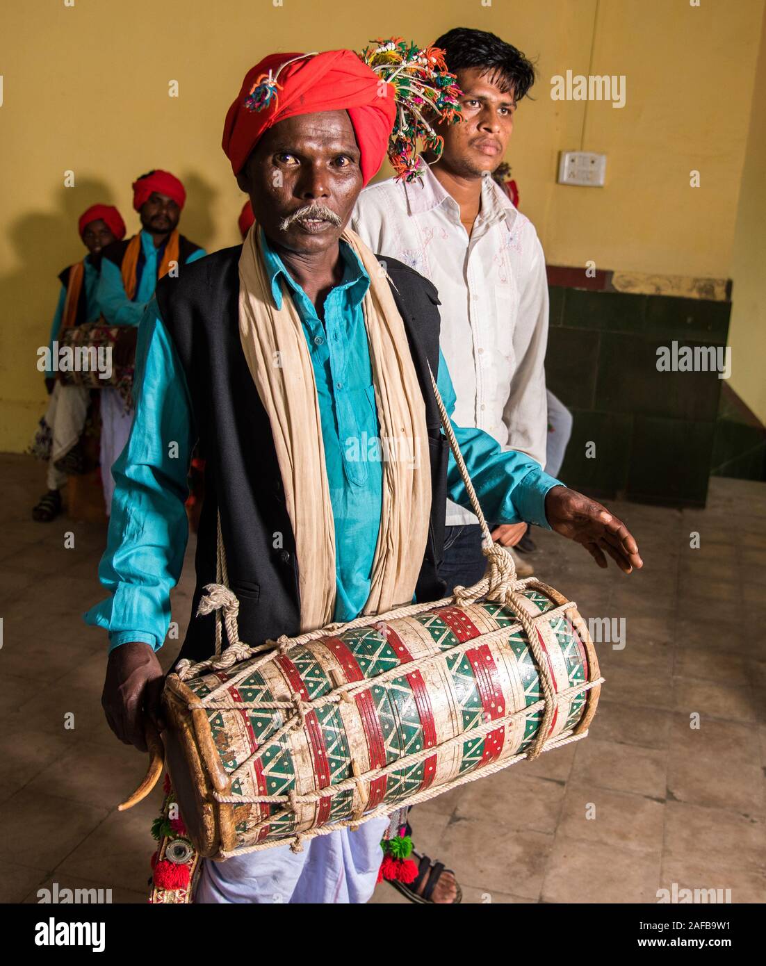 AMRAVATI, MAHARASHTRA, INDIA - AUGUST 9: Unidentified group of Korku tribe celebrating world tribal day by performing a dance on traditional music, Ko Stock Photo