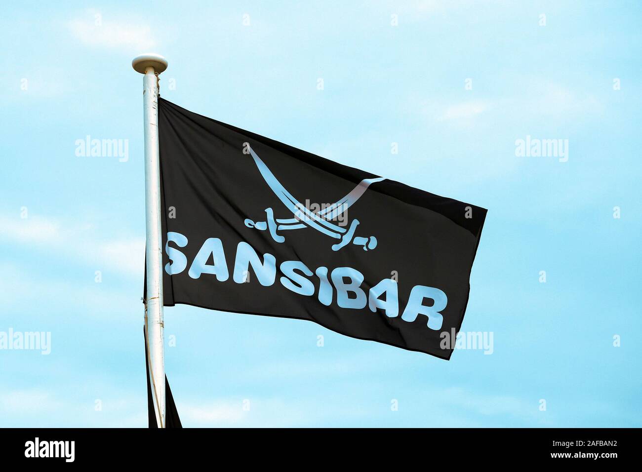 Fahne des Kultrestaurant 'Sansibar' in den Dünen von Ratum, Sylt, nordfriesische Inseln, Nordfriesland, Schleswig-Holstein, Deutschland Stock Photo