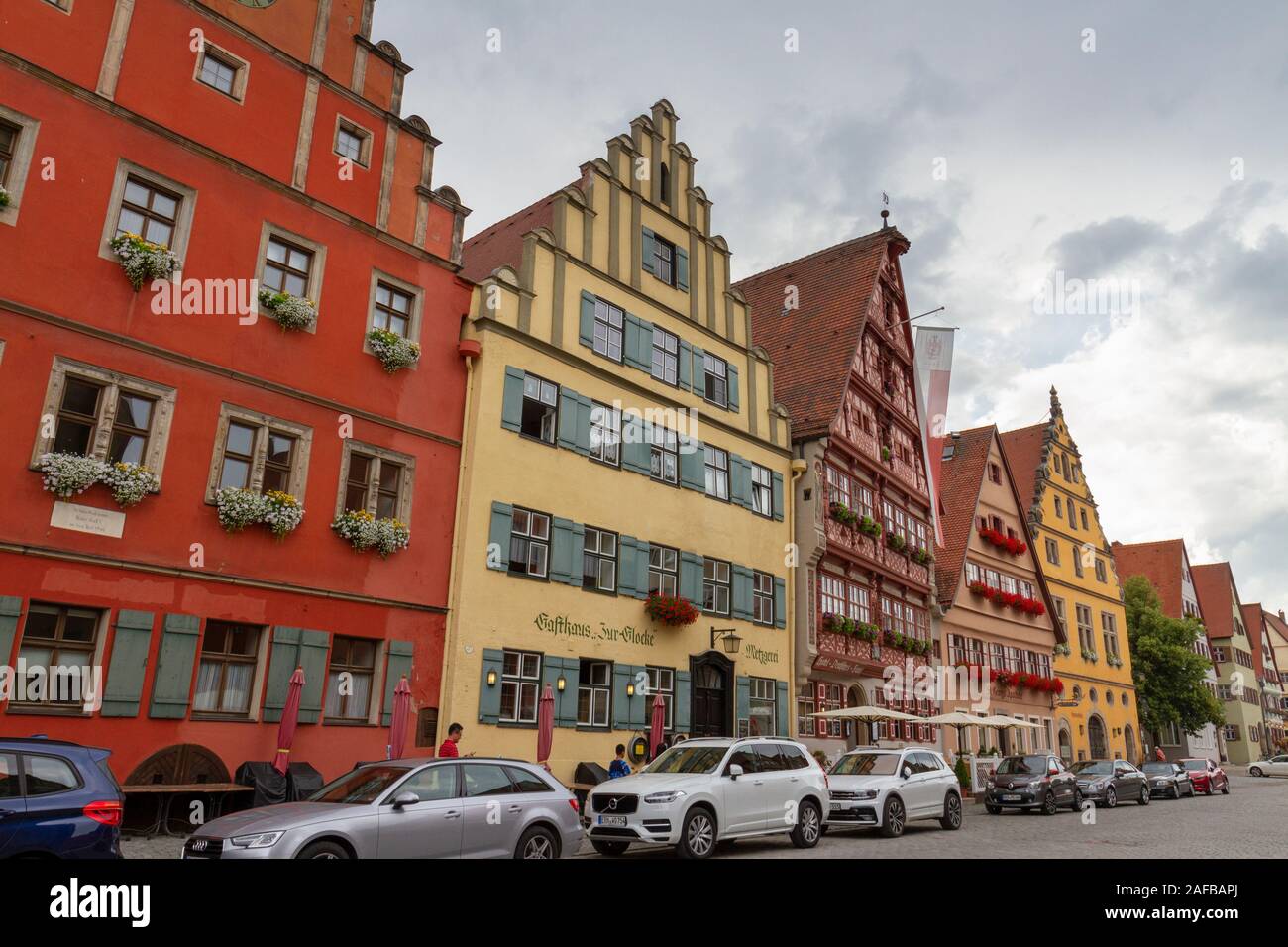 Stunning buildings on Weinmarkt (Gasthaus 'Zur Glocke', Hotel Deutsches Haus) in Dinkelsbühl, Central Franconia, Bavaria, Germany. Stock Photo