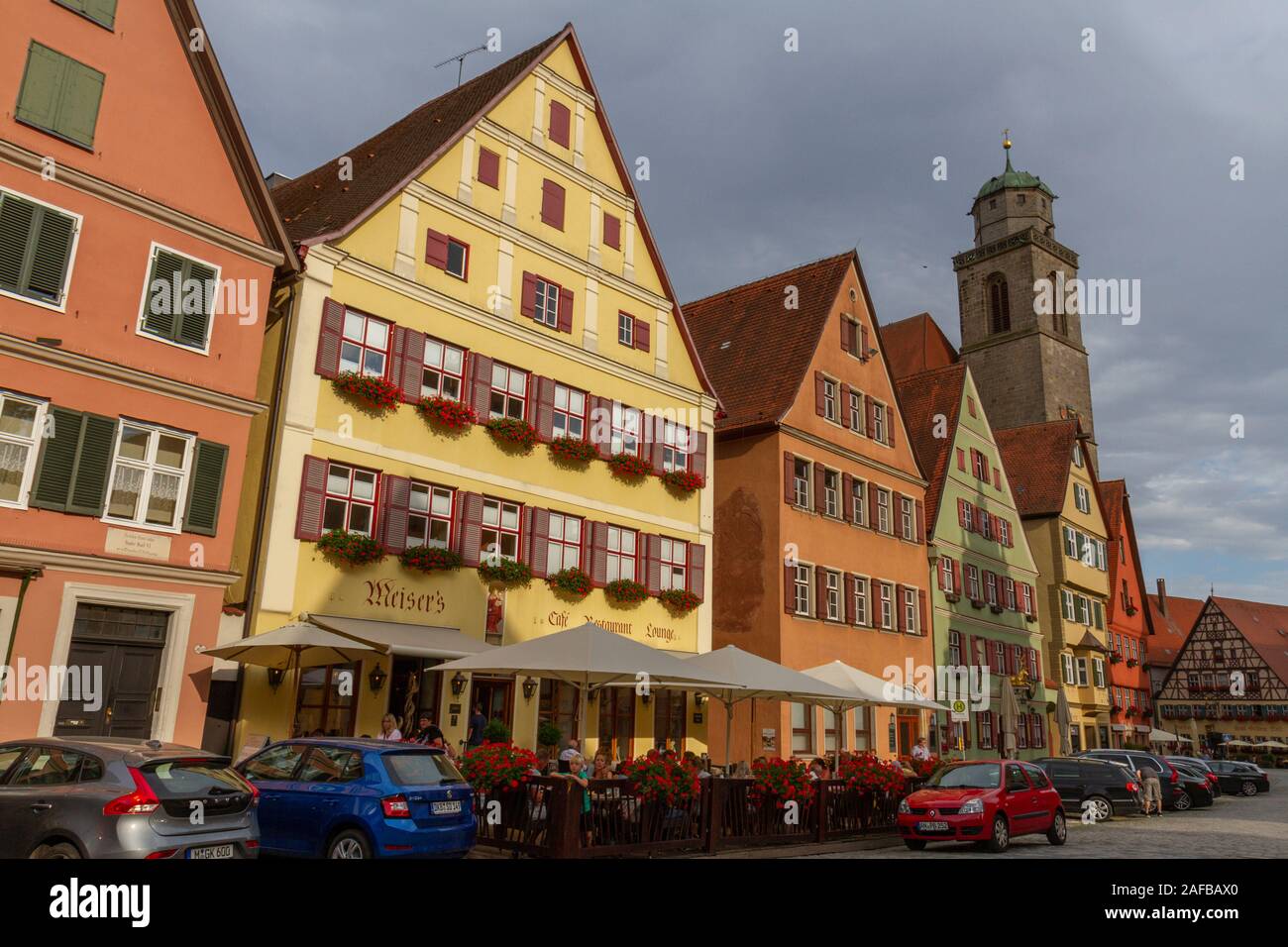 General view of the beautiful hotels and cafes on Weinmarkt in Dinkelsbühl, Central Franconia, Bavaria, Germany. Stock Photo