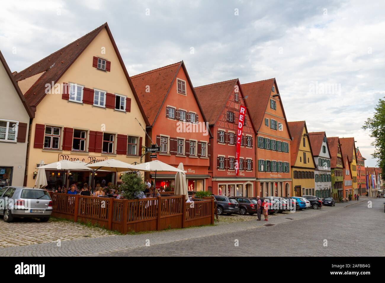 General view of cafes and hotels on Segringer Strasse in Dinkelsbühl, Central Franconia, Bavaria, Germany. Stock Photo