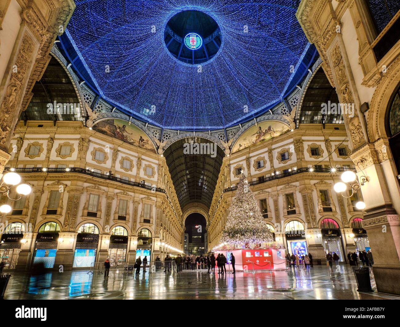 Milan, Italy - December 10 2019: The dome of Galleria Vittorio Emanuele II shopping mall illuminated for Christmas, Italy Stock Photo