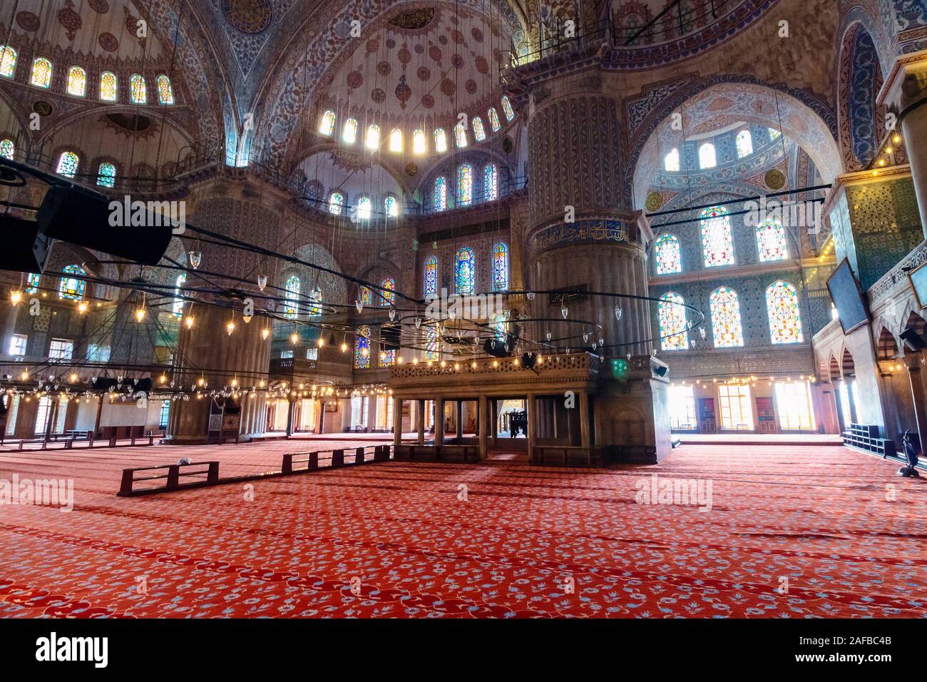 istanbul, turkey - AUG 18, 2015: inside interior of blue mosque also known as sultan ahmed. functioning mosque is a popular travel destination Stock Photo