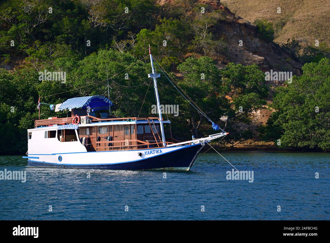 typisches Touristenschiff ankert vor der Insel Rinca,   Komodo Nationalpark, UNESCO Welterbe , Indonesien Stock Photo