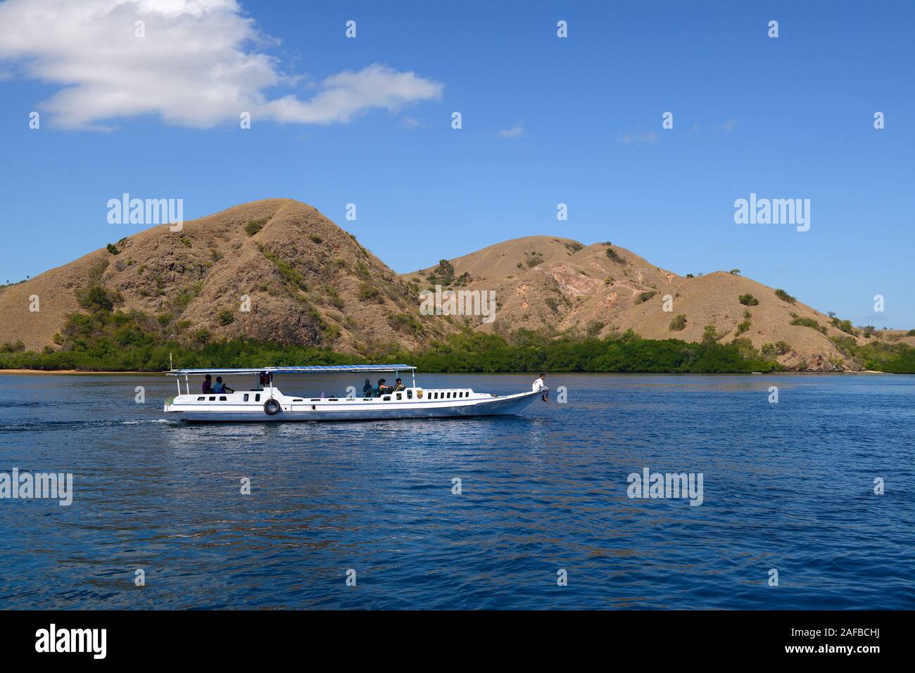 typisches Touristenschiff fährt vor der Insel Rinca,   Komodo Nationalpark, UNESCO Welterbe , Indonesien Stock Photo