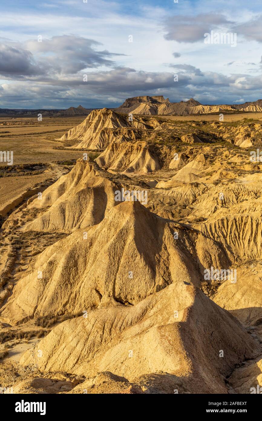 Aerial view of Bardenas Reales semi-desert natural region at sunset in Spain Stock Photo