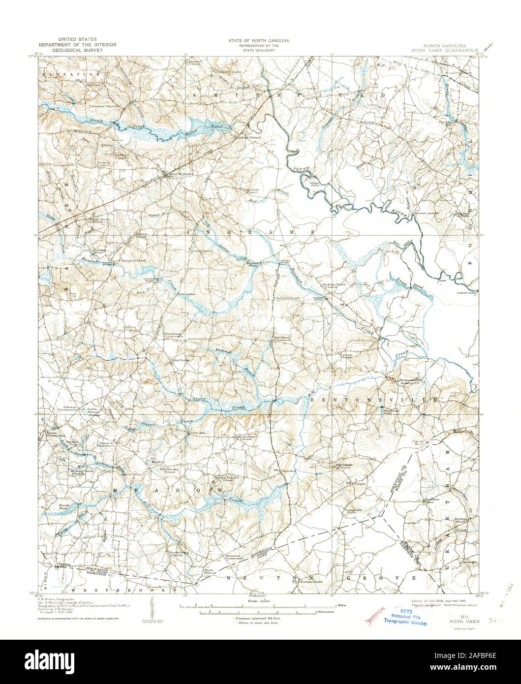 USGS TOPO Map North Carolina NC Four Oaks 161410 1908 62500 Restoration Stock Photo