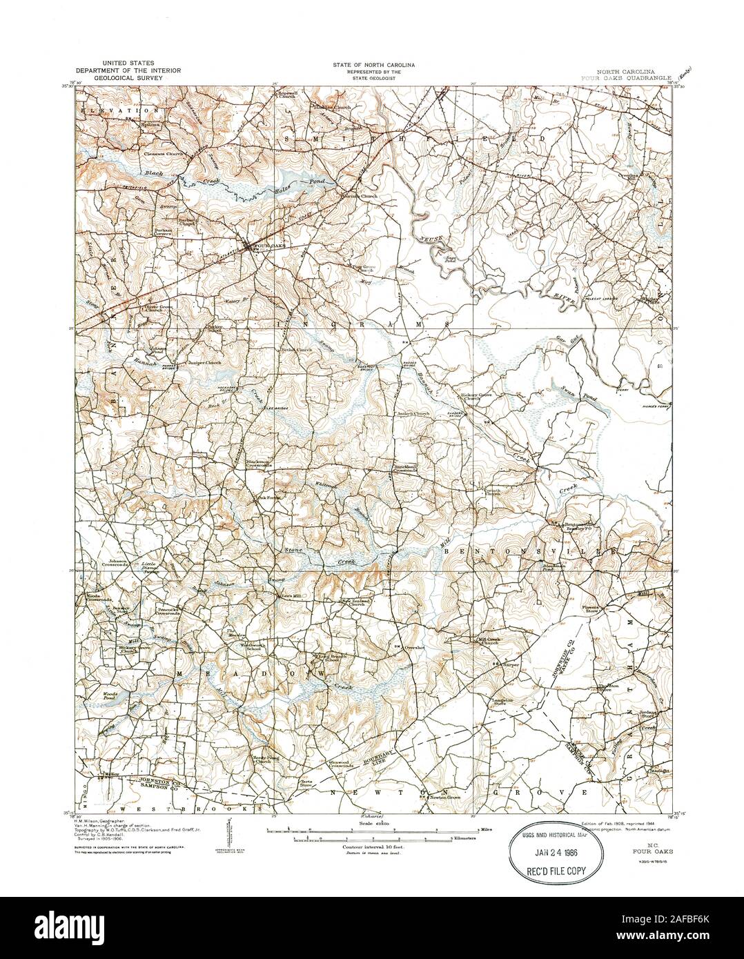 USGS TOPO Map North Carolina NC Four Oaks 161414 1908 62500 Restoration Stock Photo