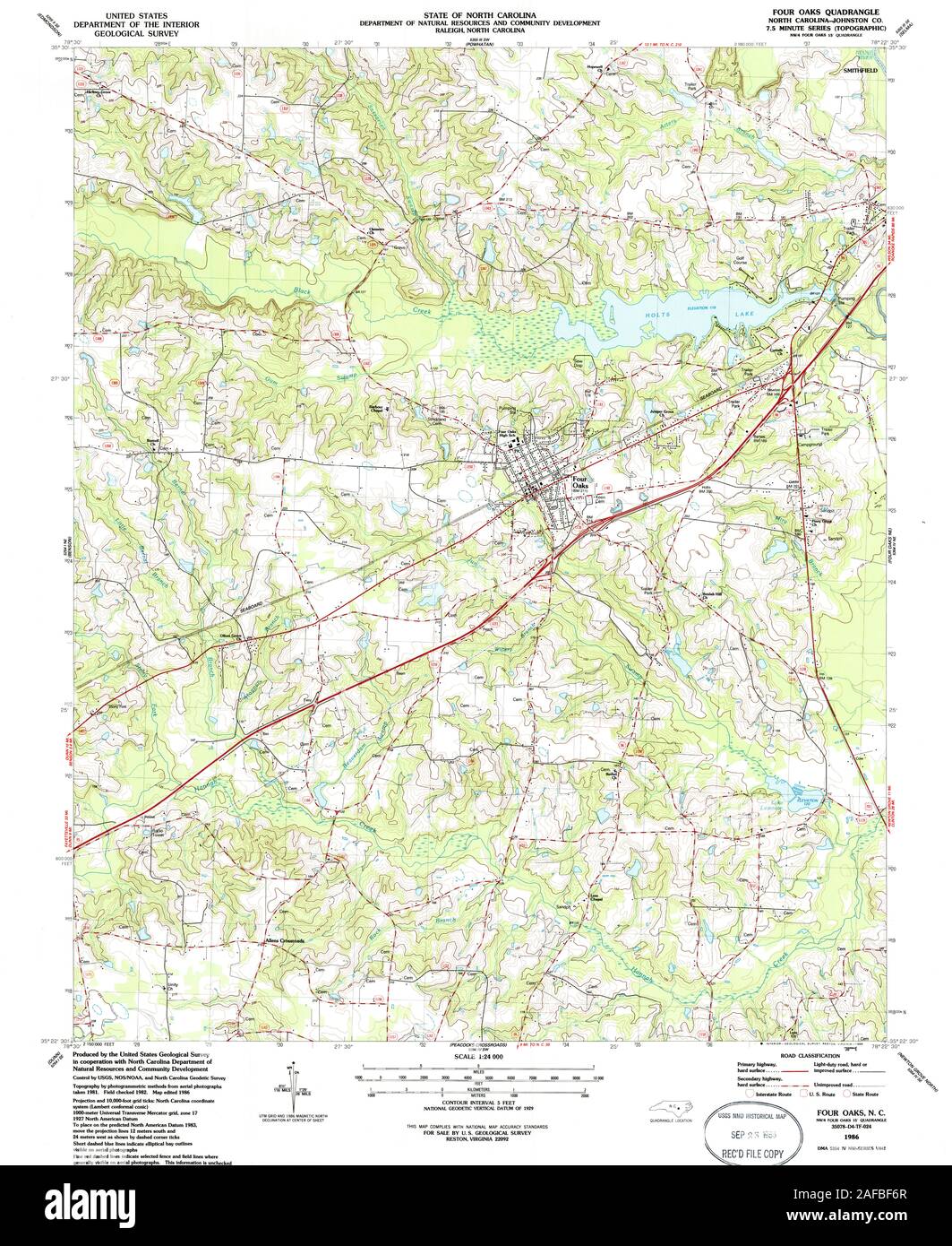 USGS TOPO Map North Carolina NC Four Oaks 161298 1986 24000 Restoration Stock Photo