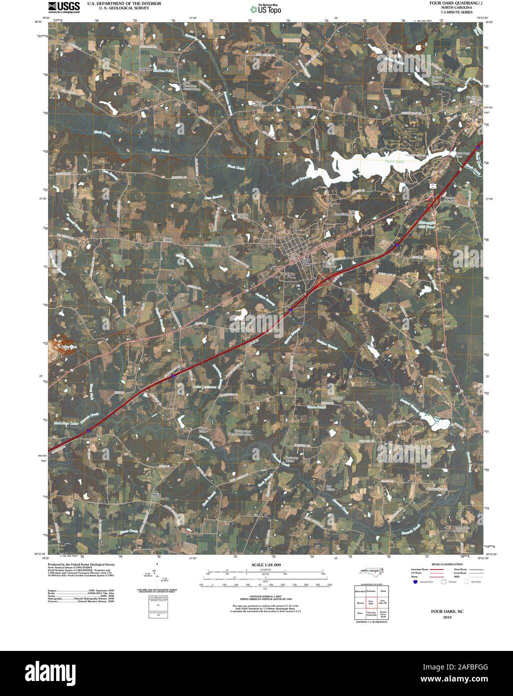 USGS TOPO Map North Carolina NC Four Oaks 20100825 TM Restoration Stock Photo