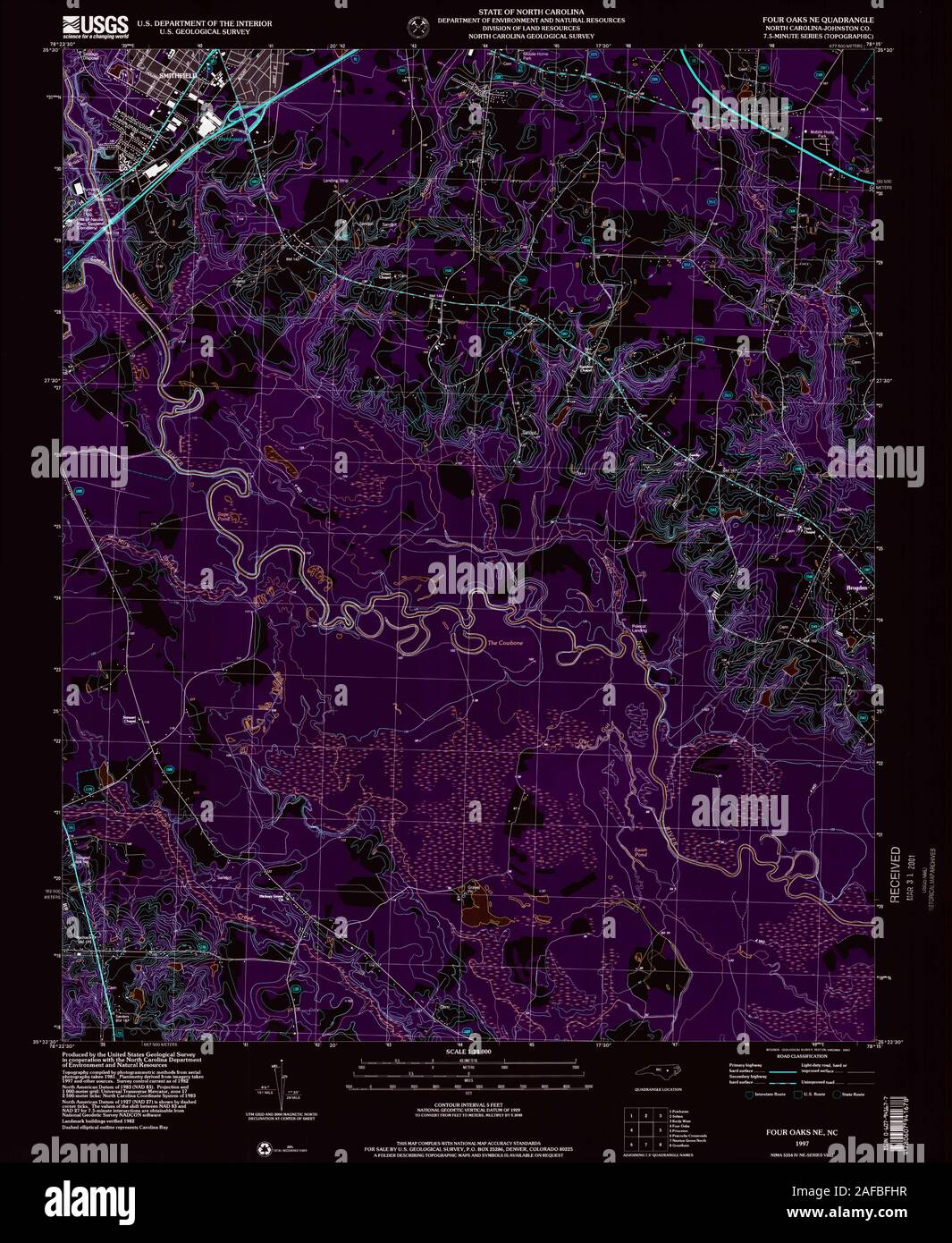 USGS TOPO Map North Carolina NC Four Oaks NE 161297 1997 24000 Inverted Restoration Stock Photo