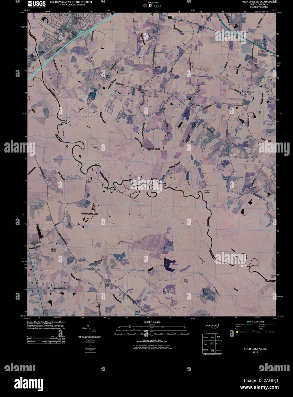 USGS TOPO Map North Carolina NC Four Oaks NE 20100908 TM Inverted Restoration Stock Photo