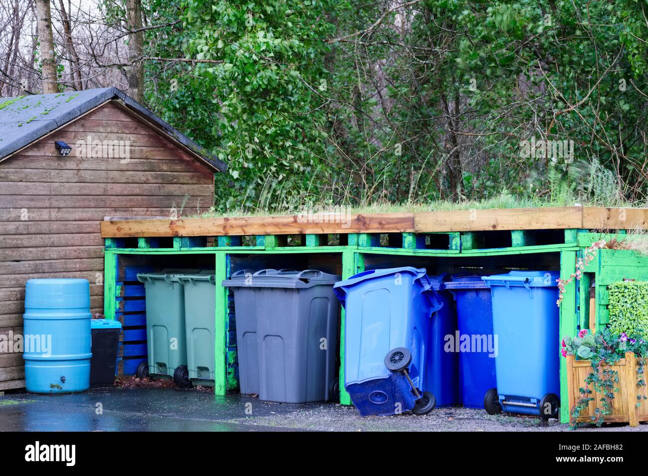 Wheelie bins for collection at council estate compound enclosure Stock Photo Alamy