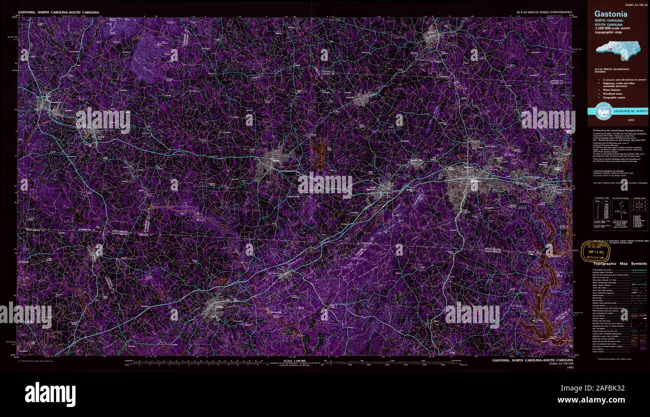 USGS TOPO Map North Carolina NC Gastonia 162065 1991 100000 Inverted Restoration Stock Photo