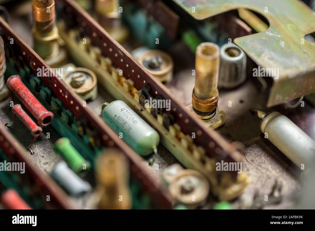 old tube chips with vintage transistors and resistors. small focusing area, selective focus. top view Stock Photo