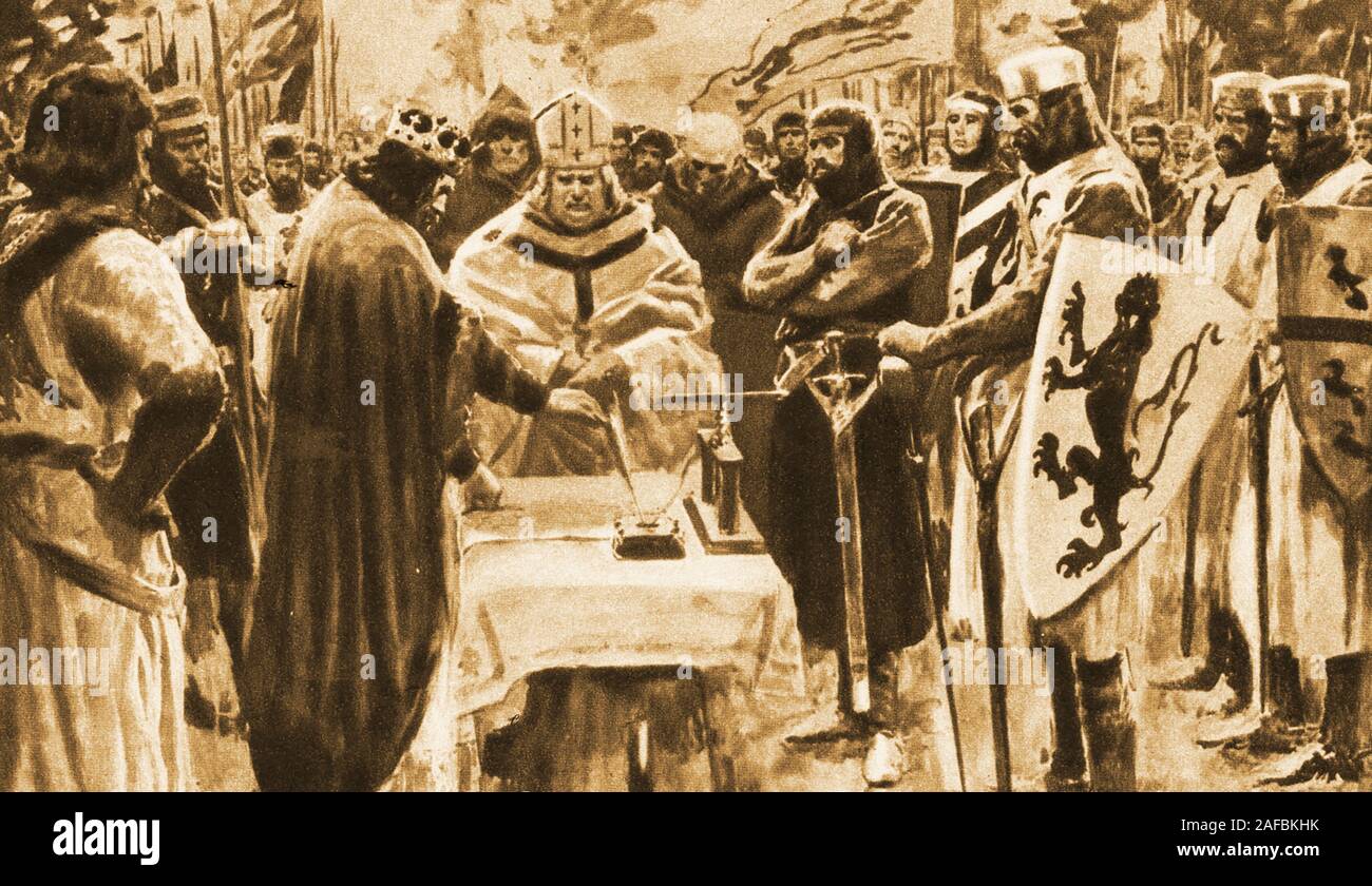 An old printed image of King John of England reluctantly signing the Magna Carta Libertatum  at Runnymede . Standing by are knights and barons and at the centre of the picture, Stephen Langton, Archbishop of Canterbury one of the charters chief authors. Stock Photo